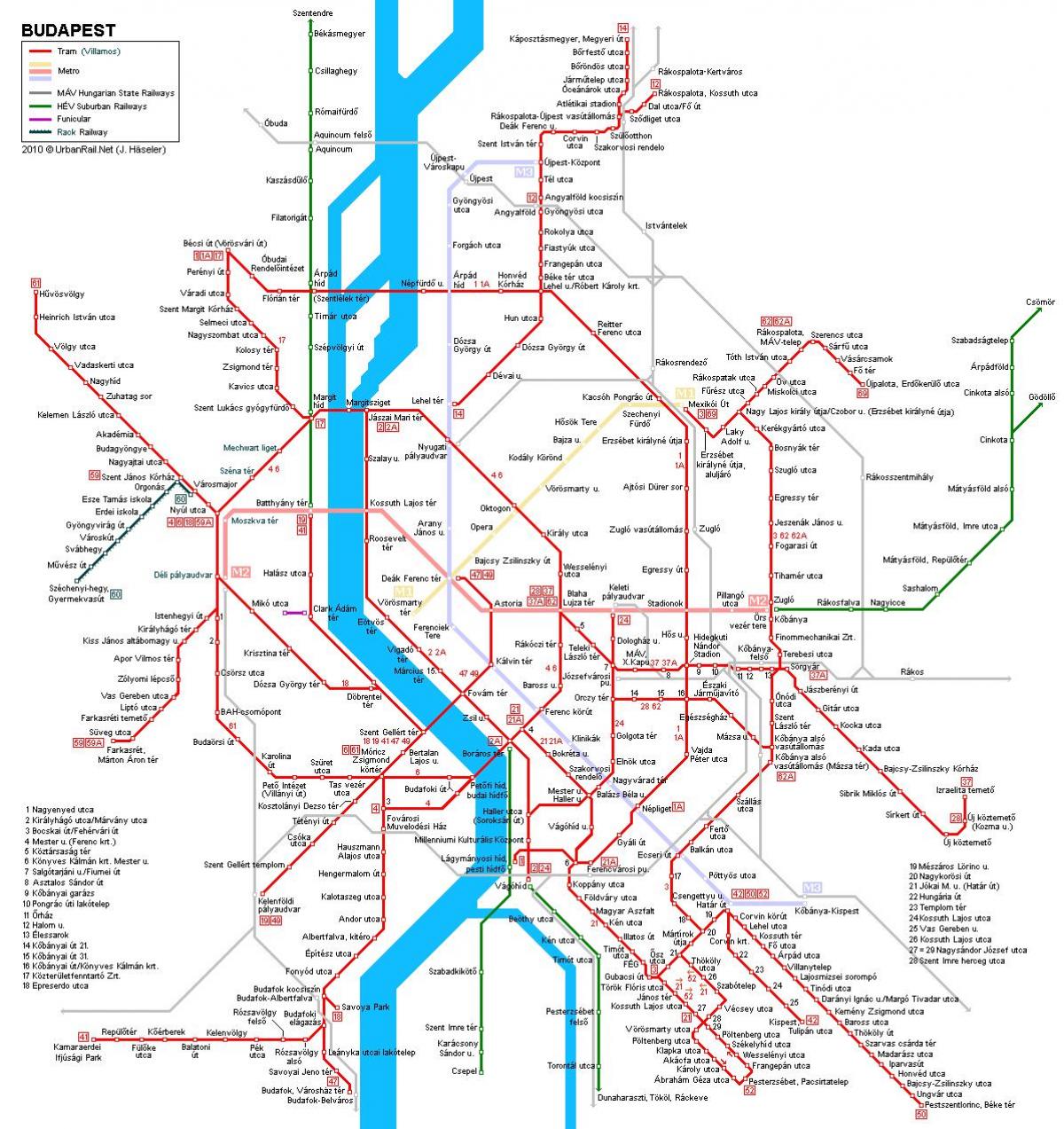 spårvagnslinjer budapest karta